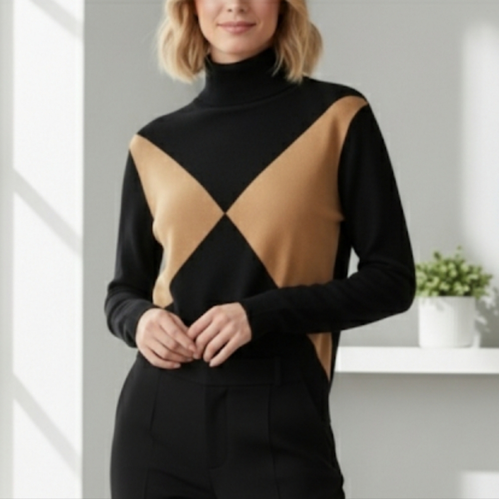 Retro Black and Tan Turtleneck Sweater Women's Medium (runs Small) Bodycon Y2K